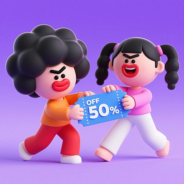 两个人在抢一张“OFF50%”蓝色优惠券。左侧人物爆炸头造型，橘色衣服红色裤子，右侧人物双马尾发型粉色上衣白色裤子，紫色纯色背景。