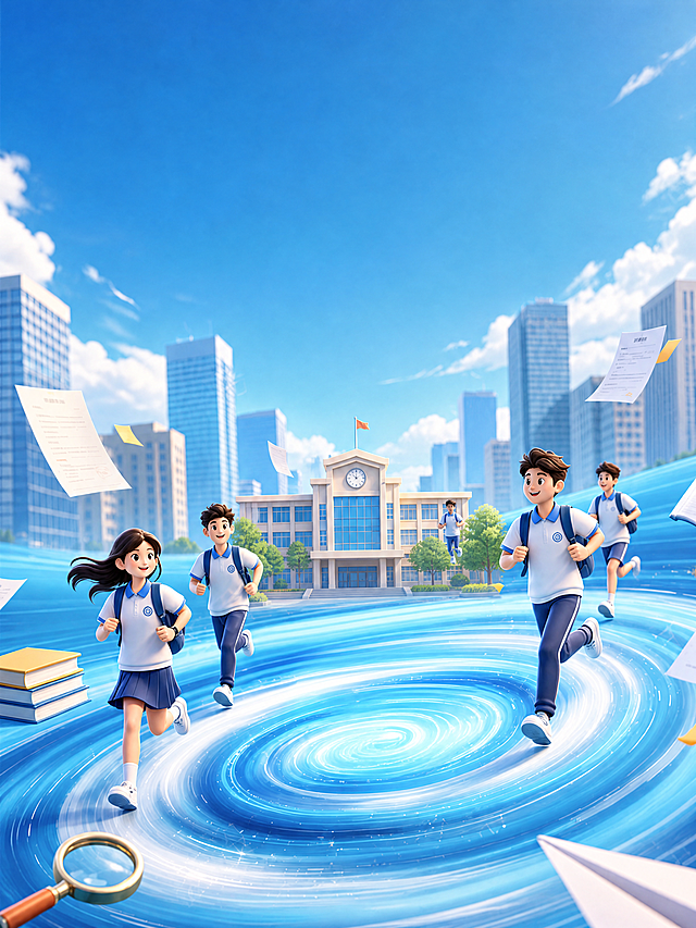 删除图片上所有文字，把中心的拟人牙齿替换成卡通风格学校建筑，保留原背景蓝天城市和奔跑的学生，只保留背景和学生，移除所有文字和牙齿