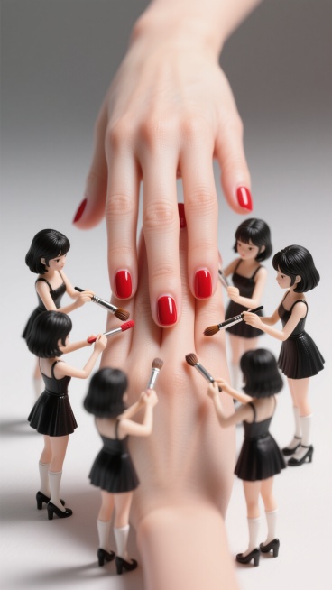 6位身着时尚短裙、黑发的迷你女性围绕在一双女人手的指甲周围用美甲刷进行美甲涂刷的工作，5个手指的指甲颜色是红色，背景为空预览效果