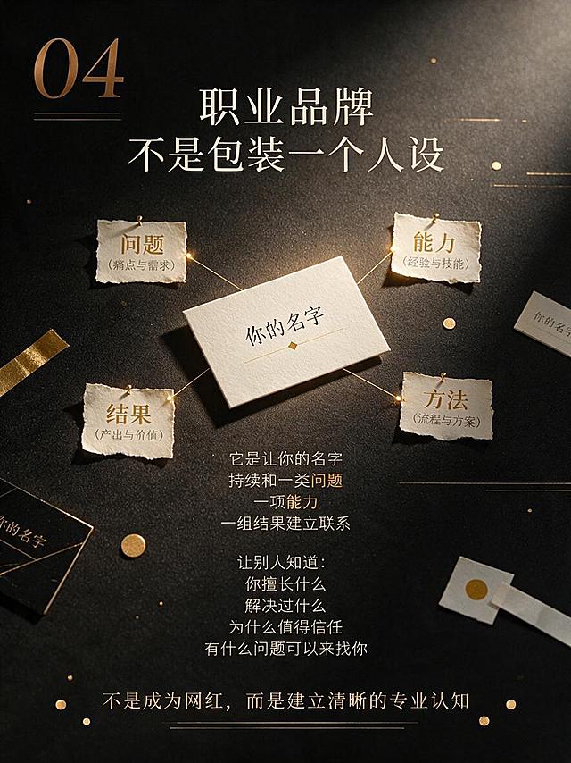 小红书图文第4页，尺寸1080×1440，深黑暖金商业杂志风，深黑色磨砂背景，暖金色侧光聚光，成熟克制理性高端专业服务感。左上角大号古铜金衬线数字“04”。画面主体：中央是一张写有“你的名字”的高级名片，周围通过细金线连接“问题、能力、方法、结果”四张小纸片，暖金色聚光，物品清晰。象牙白宋体主标题：“职业品牌
不是包装一个人设”。正文：“它是让你的名字
持续和一类问题
一项能力
一组结果建立联系

让别人知道：
你擅长什么
解决过什么
为什么值得信任
有什么问题可以来找你”。底部暖金色金句：“不是成为网红，而是建立清晰的专业认知”。加入细金线、圆点和纸张拼贴元素，无复杂卡片。正文用清晰中文无衬线字体，关键词暖金色强调。负面提示：卡通插画、廉价商务素材、夸张握手、豪车别墅、金币钞票、金色成功学海报、紫色渐变、科技光效、网红直播间、过度磨皮、人物大头照、复杂卡片、密集小字、低清晰度、画面过暗、文字乱码、错误中文、文字变形、文字重叠、平台Logo、真实公司商标。