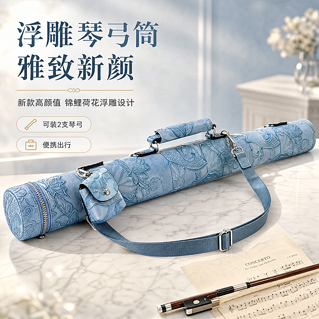 [商品] 使用【图1】【图2】雾霾蓝浮雕锦鲤荷花纹小提琴弓筒弓盒；保留椭圆长筒外形、长度约78cm比例、浮雕锦鲤荷花纹理、人造皮面料质感、银色拉链开合、可调节单肩背带、带挂钩便携小包、顶部手提带、五金扣具的结构与颜色；增强皮纹浮雕立体感、五金光泽与缝线精致度，不改变版型结构与颜色。
[画面] 目标：风格头图海报，突出高颜值浮雕设计与高端质感；构图：产品斜向放置为视觉中心，占画面65%，左上方留白放标题文字；场景：浅色高端音乐空间，米白色大理石台面+浅灰蓝渐变背景，旁侧放置一本古典乐谱与一支小提琴琴弓作点缀；前景点缀柔光，中景产品主体清晰，远景虚化营造空间层次；阅读动线从左上标题到中心产品。
[视觉] 套系策略：风格=浅色高端雅致商业摄影；标题字=宋体衬线粗体；正文字=现代无衬线体；主色=雾霾蓝+米白；背景延展=基于米白与浅灰蓝做同色系渐变、细腻纸张/大理石质感；强调色=香槟金，仅用于小面积图标、引线和标签；标题色=深雾霾蓝；正文色=中灰；组件=圆角浅底信息卡、细线引线、优雅装饰线；光影=左前侧柔和自然光，产品底部有自然投影。
[文字] 左上区域：主标题"浮雕琴弓筒 雅致新颜"（7字），副标题"新款高颜值 锦鲤荷花浮雕设计"（一行），下方2个短卖点标签"可装2支琴弓""便携出行"；文字不遮挡产品主体浮雕纹理与拉链细节。
[规格] 图片比例1:1正方形，4K，负向提示：避免变形、错字、文字过小、颜色偏差、结构缺失、白底孤立、杂乱背景、人物面部、低俗元素、极限词。
