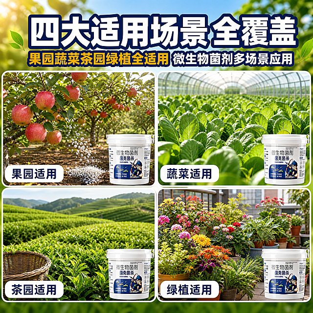 [主图-3] 四大适用场景全覆盖 果园蔬菜茶园绿植通用 微生物菌剂多场景应用展示 拼多多风格宫格场景图
[统一基调] 拼多多风格 大字直白 性价比感 农田绿色自然背景 深蓝主标题配白字粗黑边 橙黄强调色 白色辅助字 粗黑无衬线字体 圆角卖点卡片 整体明亮高对比
[画面] 画面上方是大标题区 下方是2x2宫格四个场景小图 左上是果园场景 苹果树硕果累累 树下撒施颗粒 右上是蔬菜大棚场景 青菜长势旺盛 左下是茶园场景 茶树整齐翠绿 右下是绿植盆栽场景 家庭阳台花卉健康 每个小图右下角有小型产品桶缩略图 表明产品应用 四个场景图之间有细白边分隔
[光影质感] 每个场景都是自然明亮光线 商业摄影质感 色彩鲜艳饱和 表现作物健康生长的状态 产品缩略图在各场景中自然摆放
[配色] 主色深蓝 强调色橙黄 四个场景以绿色为主色调 各有特色 果园偏红果绿叶 蔬菜偏嫩绿 茶园偏深绿 绿植偏多彩
[文字版式] 顶部大标题 四大场景 通用有效 白字深蓝粗描边 标题下方小字副标题 果园蔬菜茶园绿植全适用 每个宫格小图左下角有白色圆角标签 分别写 果园适用 蔬菜适用 茶园适用 绿植适用 标签文字为深蓝色 字体清晰
[输出要求] 1:1正方形 文字清晰可读 四个场景画面精美 作物长势好 禁止变形错字模糊 禁止水印平台Logo 禁止极限词