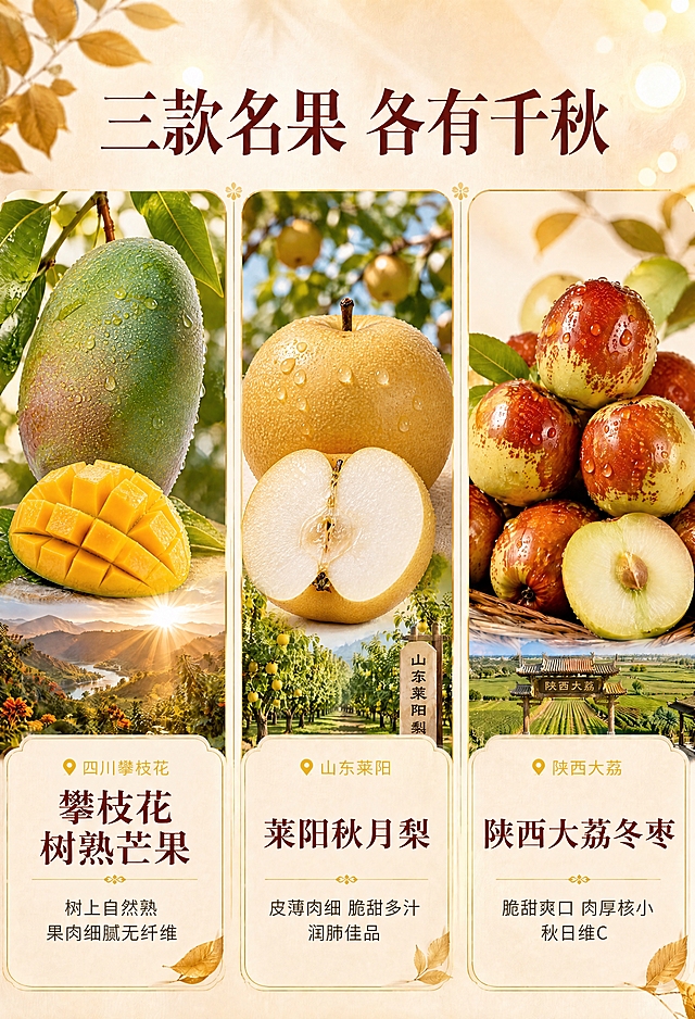 基于【图1】三款名果详情页，做以下修改：1. 左栏芒果格中的黄色芒果替换为【图2】的青皮芒果（绿皮带红晕，切开后果肉金黄网格状，带水珠和绿叶），保持原格的竖版构图、水珠质感、阳光山景背景和整体光影风格，芒果角度与原格一致；2. 中栏秋月梨格中的黄色梨替换为【图3】的秋月梨（黄褐色带细密果点，扁圆形，切开后果肉洁白），保持原格的竖版构图、水珠质感、梨园背景和整体光影风格，梨的角度与原格一致；3. 右栏冬枣、顶部标题"三款名果 各有千秋"、底部文字说明、整体配色、字体、布局、背景风格全部保持不变。