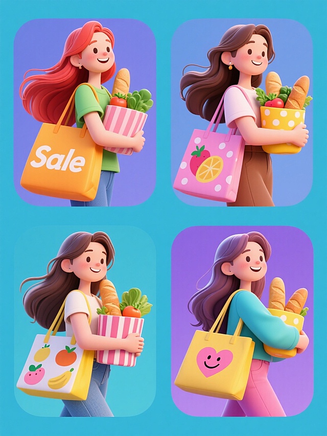 软3D风格插画，四个造型各异的年轻女性角色系列，每个角色均背着不同设计的购物袋（印有“Sale”字样、水果图案、条纹图案、波点图案、爱心图案或笑脸图案），手中抱着装满蔬菜面包的黄色购物袋，长发飘逸，穿着休闲服装，展现对购物的热情与愉悦感，整体采用六个不同色调组合（蓝紫色调、橙黄色调、粉绿色调、红棕色调、青蓝色调、紫粉色调），每个角色独立置于纯色背景中，六幅画面呈规整网格排布，构图简洁明快，线条流畅，色块分明，视觉层级清晰，信息传达高效，符合年轻女性受众的审美和购物主题宣传目的，具有时尚的设计感。