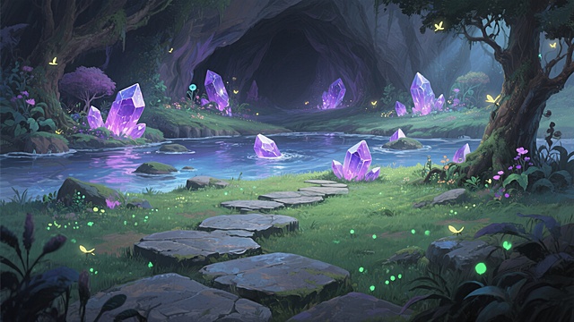 梦幻插画风，虚拟自然场景，紫色水晶与萤火虫交织，营造神秘而浪漫的氛围。