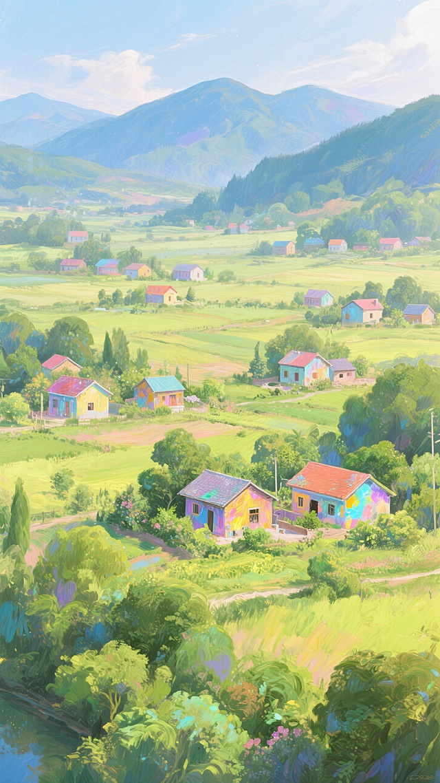 乡村景色，零散的乡村建筑群，远景，有许多绿植，有远山，整体色彩鲜艳明亮