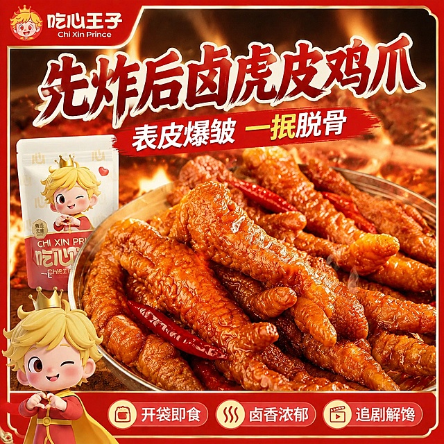 保留这张主图的现有边框和所有文字文案、logo、产品排版，更换更适合拼多多平台的虎皮肉鸡爪零食背景，风格更有食欲的暖调烧烤氛围，符合美食零食推广氛围