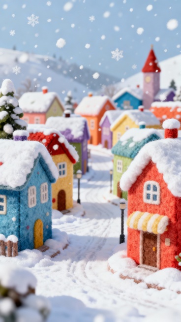 插画设计，毛绒质感，漫天大雪纷纷扬扬飘落的彩色小镇，街道和房屋被洁白的雪温柔覆盖，色彩鲜明的建筑在雪的映衬下展现别样的美，营造如梦如幻的雪景氛围，色彩鲜明，高清细节，所有元素都是毛茸茸的，毛绒绒艺术，预览效果