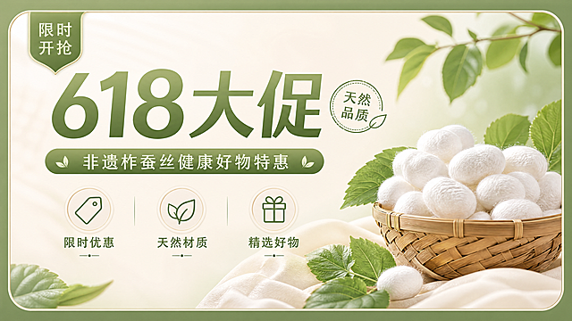 生成一张618大促横版电商banner，整体风格参考图中自然简约清新风格，延续绿+米白配色，主标题为"618大促"，副标题为"非遗柞蚕丝健康好物特惠"，装饰文案有"限时开抢""天然品质"，卖点分别为"限时优惠""天然材质""精选好物"，版式精美，排版干净舒适，符合大促氛围同时保持简约自然风格，文字排版清晰，整体比例16:9，留足安全边距，无多余无关元素