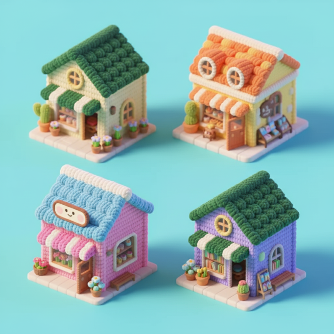 一系列4个完全不同造型内容的卡通风格可爱商店建筑，正面俯视视角，每个建筑保持相似的Q版造型和毛线质感，整体用毛线编织而成，具有不同屋顶设计、门窗样式和门前装饰，分别采用蓝紫色调、橙红色调、青绿色调、粉预览效果
