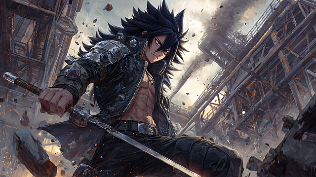 Full-body portrait of Gajeel Redfox from Fairy Tail, spiky black hair with metal accents, wearing a black leather jacket with iron plates, wielding a steel-imbued sword, standing in a ruined industrial city with floating metal debris and smog, aggressive battle stance, dark fantasy anime illustration, gritty lighting, ultra-detailed metal textures, --ar 2:3 --v 6 --style raw --s 750