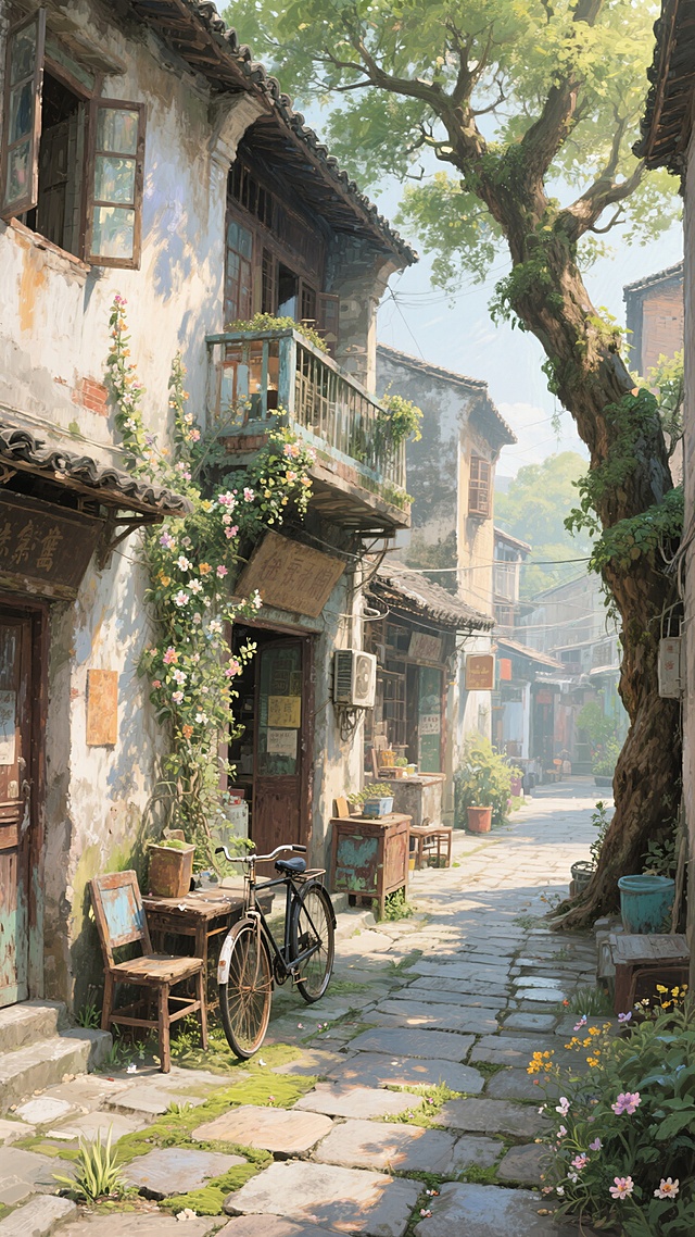 正午阳光下古街古巷古建筑旧楼旧阳台老铺，古旧家私，破单车，旧闲置物，老榕树枝繁叶茂有的枝叶伸到老屋的外墙还有开了花的爬藤植物老石板路小花小草青苔，复古老照片