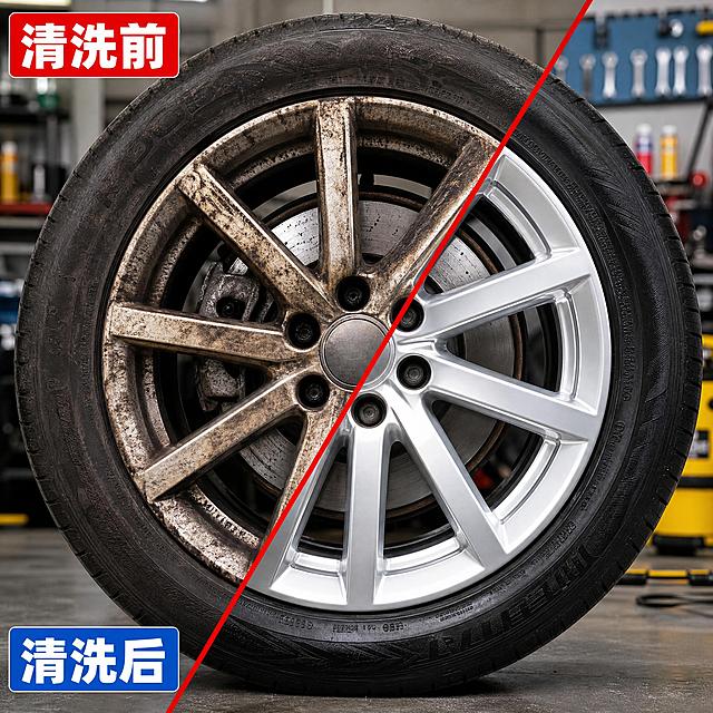 [主图-2] 清洗前后效果对比图，左右分栏展示轮毂清洁前后差异，直观证明去污效果。
[统一基调] 抖音电商风格，写实商业摄影，橙黄红品牌主色，洁净明亮，产品质感强，粗黑大字标题，辅助文字缩小50%以上。
[画面] 左右分栏对比构图。左半部分为清洗前：汽车铝合金轮毂布满黄褐色刹车黄垢和黑色粉尘，污渍厚重顽固，细节清晰可见，轮毂表面暗淡无光。右半部分为清洗后：同款轮毂光亮洁净，金属光泽完全恢复，表面锃亮反光，辐条缝隙干净无残留。一条醒目的红色斜分割线从左上斜向右下横跨图片中间，分隔前后状态。左上角红色方框内白色粗体字"清洗前"，左下角蓝色方框内白色粗体字"清洗后"。背景为模糊的汽修车间环境，有工具架、洗车设备等虚化元素，突出前景轮毂对比。
[光影质感] 写实实拍质感，左右两侧光线一致，轮毂金属反光真实，污垢纹理清晰，清洗后光泽度高，整体色彩真实无畸变。
[配色] 左半部分偏暗黄脏色调，右半部分明亮银灰色调，红色分割线强对比，红框白字+蓝框白字标签，背景灰调车间。
[文字版式] 左上角"清洗前"红底白字粗体方框，左下角"清洗后"蓝底白字粗体方框，字号适中醒目，不遮挡轮毂主体。
[输出要求] 1:1正方形比例，高清实拍质感，左右对比清晰，轮毂不变形，文字清晰可读，无水印无平台Logo。负向：对比不明显、轮毂变形、颜色失真、模糊、文字错漏。