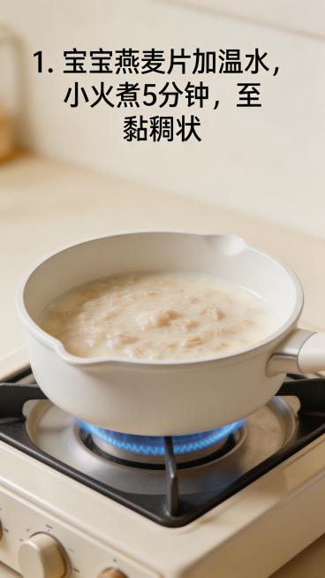 宝宝辅食制作步骤图，锅中加入宝宝燕麦片和温水，小火熬煮，燕麦逐渐变成黏稠状，画面干净清新，上方添加标题文字"1. 宝宝燕麦片加温水，小火煮5分钟，至黏稠状"预览效果