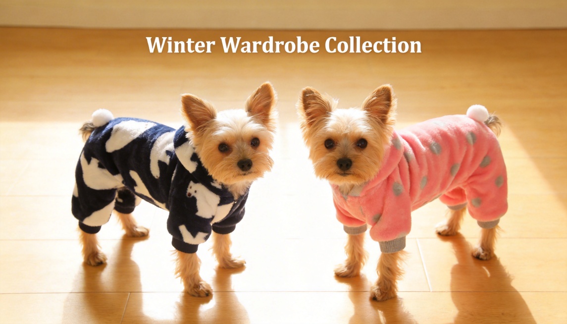 Two small dogs, one wearing the dark blue plush jumpsuit with white polar bear patterns, the other w预览效果