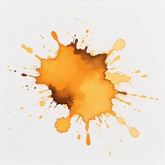 在纯白色背景上，呈现出自然流淌和泼溅形态的污渍素材，以明亮的橙黄色为主体色调，伴有少量深褐色和浅黄色的点缀，污渍边缘具有不规则的扩散晕染效果，部分区域形成较厚重的色块堆积，整体展现出液体泼溅后自然干燥的质感和随机性，色彩过渡自然，明暗对比适中，无任何文字或图案元素干扰。