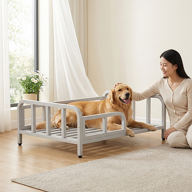 浅灰色金属框架狗床，保持原产品物理结构绝对不变，床下面没有轮子，床腿没有额外东西，床上没有床垫。产品主体不变形不扭曲。
三分法构图，主体占画面70%，平稳放置在原木温馨客厅的木地板上，有清晰接触阴影，拒绝微缩模型感。
浅奶白色温馨墙面，搭配浅原木色地毯，大落地窗透进柔白光线，小清新家庭室内氛围。
床上趴着一只开心的金毛，画面右侧有一位东亚女孩温柔抚摸狗狗，姿态松弛自然。
柔和明亮漫射暖光，左侧透窗打入，阴影极淡柔和，画面明亮干净，低对比度。
窗边微风飘动白纱帘，角落摆放白色小雏菊盆栽，营造生活氛围与生机。
商业温馨家居摄影，8K分辨率，极高材质细节，干净通透，小清新治愈风格。保持 1:1 画面比例。