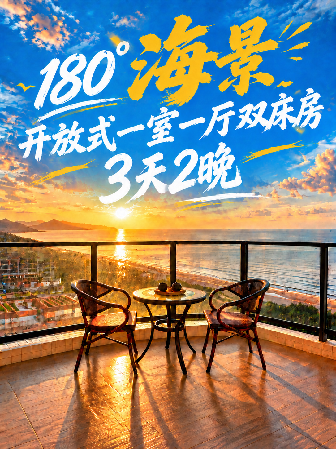 将第三行文字"2天1晚"改为"3天2晚"，保持原有的白色毛笔书… - 图片创意预览