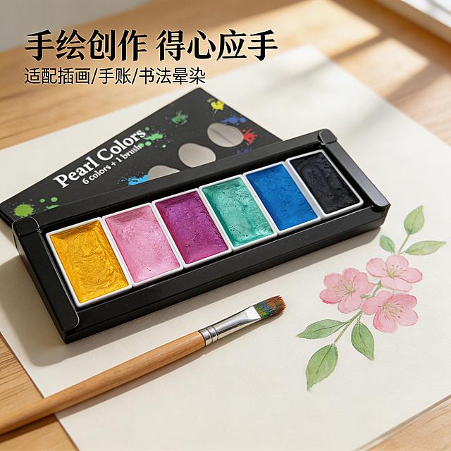 [垫图] https://gdesign-dam-hz.dancf.com/35848599437693002/5c9b4337740047d39ec9c240cacdf001.jpg
[主图主题] 水彩颜料使用场景展示
[氛围/风格] 文艺清新手绘场景，自然舒适
[画面元素] 打开的珠光水彩颜料放置在画纸上，旁边摆放着用过的水彩画笔和一张画好一半的手绘作品，展示真实使用状态；柔和的窗边自然光洒在画面上，营造创作氛围感，背景铺满全屏无边框
[配色色系] 主色调：米白色画纸原木色桌面，辅助产品本身丰富色彩
[视角构图] 45度俯视拍摄，生活感视角，景深适中
[文字版式] 主标题“ 手绘创作 得心应手”，副标题“适配插画/手账/书法晕染”，主标题放置在画面左上角，字体加粗醒目，信息清晰不遮挡主体产品。