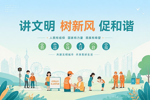 将这张讲文明树新风促和谐海报重新设计为清新简约的现代插画风格。保留"讲文明 树新风 促和谐"主标题文字，整体色调改为清新的蓝绿色系搭配暖橙色点缀，背景采用简洁的渐变天空和几何色块，去掉传统红绸、华表等元素，换成现代简约的城市建筑线稿和自然绿植元素。人物插画改为扁平化简约风格，画面更加干净清爽，留白充足，字体改为简洁现代的无衬线字体，整体风格年轻时尚，富有活力。
