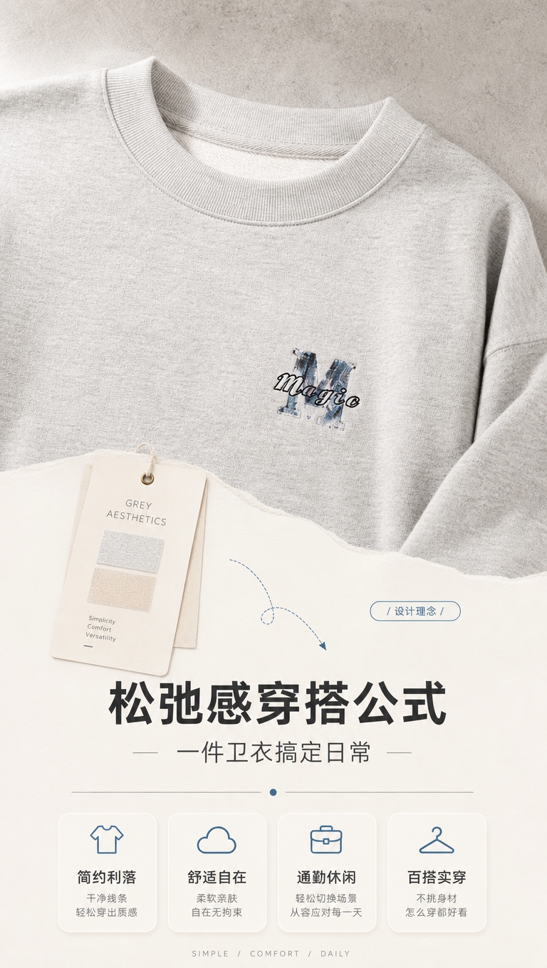 [商品] 使用【图1】浅花灰色圆领卫衣；商品处理：保留圆领、落… - 图片创意预览