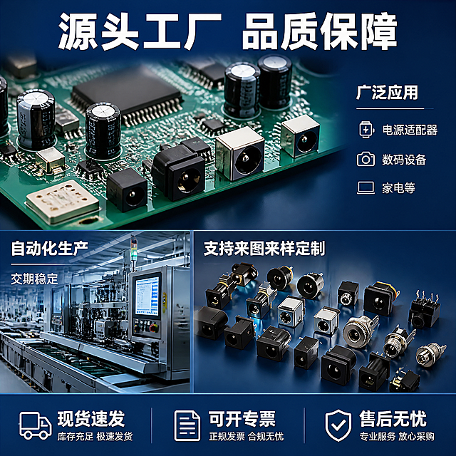[主图-5] DC电源插座应用场景与工厂背书
[氛围风格] 工业制造与实际应用结合 专业靠谱
[画质] 商业摄影质感 场景真实自然 产品清晰
[元素] 画面上半部分为电路板上已焊接安装的DC电源插座实际应用场景 展示插座焊接在PCB板上 周围有电容电阻等电子元件 下半部分左侧为工厂车间局部示意 自动化生产设备 右侧为多款DC插座陈列 背景为深蓝渐变科技底 保持DC电源插座外观 物理结构 材质质感 颜色与输入产品图一致 杜绝变形和色差 精细化处理 商品主体占比约50% 画面满屏无边框
[光影] 上半部分电路板场景暖白光 下半部分工厂场景冷白光 整体过渡自然 产品光照清晰
[配色] 主色深蓝 工业灰 电路板绿 辅色科技蓝
[视角构图] 上下分栏构图 上半部分应用场景俯视 下半部分工厂与产品平视 层次分明
[文字版式] 顶部主标题 源头工厂 品质保障 白色大号粗体无衬线 居中 上半部分场景旁标注 广泛应用 电源适配器 数码设备 家电等 白色小字 下半部分左侧工厂区标注 自动化生产 交期稳定 右侧产品区标注 支持来图来样定制 底部深蓝通栏三列 白字 现货速发 可开专票 售后无忧
[输出要求] 1:1比例 文字清晰锐利 超高清商业摄影质感
[负向提示词] 变形 文字错乱 产品模糊 背景杂乱 水印 电商平台Logo 人物面部扭曲