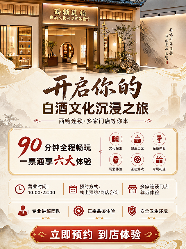 [商品] 西糖连锁白酒文化沉浸式体验馆，到店体验服务，无实物商品。
[画面] 行动号召页，目标是引导用户预约到店体验。竖版构图，画面上方为体验馆门头或雅致空间全景图，中间突出预约信息和优惠提示，下方为门店信息与保障说明。主体占画面65%，底部有醒目的预约引导按钮区域。
[视觉] 套系策略：风格=新中式简约国潮风；标题字=苍劲书法体+现代无衬线粗体组合；正文字=简洁无衬线体；主色=暖金色+米杏色；背景延展=基于暖金米杏做深浅层级、同色渐变和细腻宣纸/水墨质感；强调色=朱砂红，仅用于小面积图标、引线和标签；标题色=深棕褐色；正文色=暖灰棕色；组件=圆角浅底信息卡、细线引线、水墨晕染装饰；光影=顶部暖柔光，整体明亮通透。
[文字] 上方主标题"开启你的白酒文化沉浸之旅"，副标题"西糖连锁·多家门店等你来"。中间区域："90分钟全程畅玩 一票通享六大体验"。下方门店信息："营业时间：10:00-22:00""预约方式：线上预约/到店咨询""多家连锁门店 就近体验"。底部保障说明："专业讲解团队""正宗品鉴体验""安全卫生环境"。文字全部横向排版。
[规格] 图片比例3:4竖版，4K，避免变形、错字、文字过小、冷蓝/蓝灰背景、图案过于复杂、低俗元素、二维码、第三方联系方式。