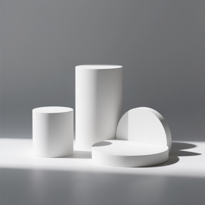 三个白色几何体展示台，由两个大小不一的白色圆柱体和一个白色半圆柱体组合而成，圆柱体表面光滑无纹理，半圆柱体切面平整，整体呈现简洁的现代设计感，所有展示台均采用哑光白色材质，放置在纯白色背景上，光源从左上方照射，在展示台右侧及底部形成柔和的灰色阴影，阴影边缘清晰但过渡自然，整体画面干净利落，具有强烈的空间层次感和极简主义风格。预览效果