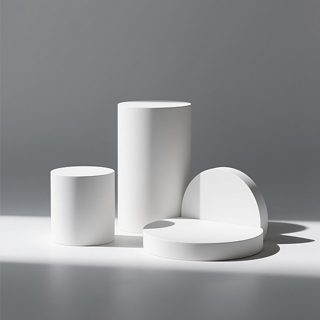三个白色几何体展示台，由两个大小不一的白色圆柱体和一个白色半圆柱体组合而成，圆柱体表面光滑无纹理，半圆柱体切面平整，整体呈现简洁的现代设计感，所有展示台均采用哑光白色材质，放置在纯白色背景上，光源从左上方照射，在展示台右侧及底部形成柔和的灰色阴影，阴影边缘清晰但过渡自然，整体画面干净利落，具有强烈的空间层次感和极简主义风格。