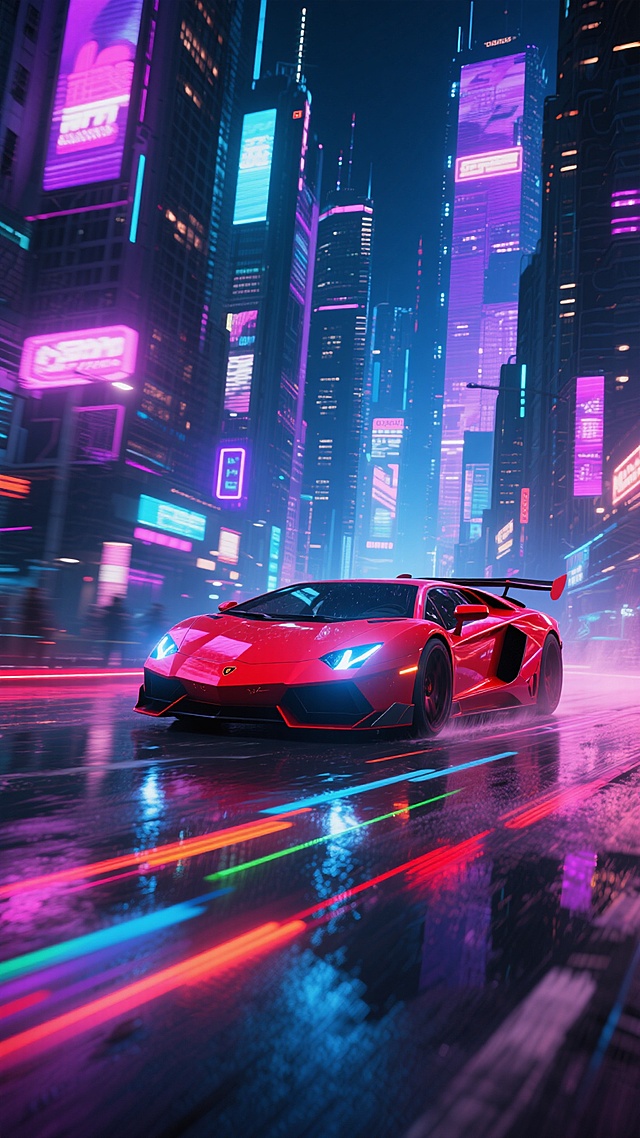 赛博朋克风格的未来都市夜景，一辆流线型设计的亮红色超级跑车在湿滑的街道上高速行驶，车身带有锐利的棱角和巨大的尾翼，车头灯发出明亮的蓝白色光芒，地面反射着霓虹灯光形成彩色光轨，周围是高耸入云的摩天大楼，楼体上布满闪烁的电子广告牌和发光霓虹招牌，整体画面充满动感与速度感，色彩以深蓝、紫色、粉色和红色为主色调，光影对比强烈，营造出繁华而迷离的未来都市赛车氛围。