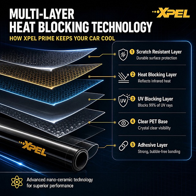 [商品] 使用【图1】XPEL PRIME汽车隔热窗膜产品；保留卷膜黑色外观、XPEL品牌标识；本页做膜层剖面结构示意，基于产品真实形态做技术化剖面展示，不改变产品材质和颜色。
[画面] 页面目标：展示多层膜结构技术原理，解释隔热与防UV工作机制。构图：左侧膜层爆炸/剖面示意图占画面60%，右侧技术说明文字区；前中后景：前景膜层剖面、中景各功能层标注引线、后景深色科技背景+蓝色光效；场景：微观膜层结构放大展示，层次分明。
[视觉] 套系策略：风格=深色科技性能风跨境商业摄影；标题字=现代无衬线粗体英文字体；正文字=简洁无衬线英文字体；主色=深邃炭黑；背景延展=基于炭黑做深蓝渐变、科技网格纹理、蓝色发光线条；强调色=品牌金黄+科技蓝，金黄用于标注引线、蓝色用于层高亮；标题色=纯白；正文色=浅银灰；组件=细线引线标注、圆角技术说明卡、发光层高线；光影=侧逆光勾勒膜层边缘，每层有独立发光轮廓。
[文字] 顶部主标题：Multi-Layer Heat Blocking Technology；副标题：How XPEL Prime Keeps Your Car Cool；右侧技术说明：1. Scratch Resistant Layer - Durable surface protection；2. Heat Blocking Layer - Reflects infrared heat；3. UV Blocking Layer - Blocks 99% of UV rays；4. Clear PET Base - Crystal clear visibility；5. Adhesive Layer - Strong, bubble-free bonding；底部小字：Advanced nano-ceramic technology for superior performance；所有文字横排。
[规格] 亚马逊1:1方图，4K分辨率，英文文案，避免变形、错字、文字过小、中文出现、虚构认证、产品结构失真。