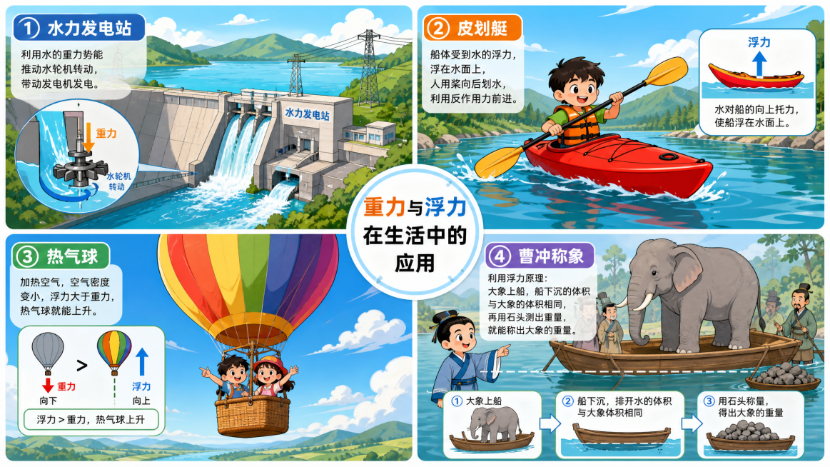 快速分屏展示四个生活场景：水力发电站、皮划艇、热气球、曹冲称象，四个小格子拼接在一张16:9画面，科普风格，色彩明快，统一卡通风格，展示重力浮力在生活中的应用预览效果