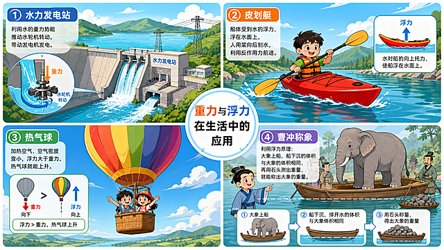快速分屏展示四个生活场景：水力发电站、皮划艇、热气球、曹冲称象，四个小格子拼接在一张16:9画面，科普风格，色彩明快，统一卡通风格，展示重力浮力在生活中的应用