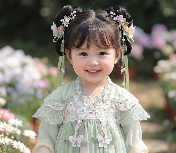 将图中小公主的汉服替换为淡绿色，其他元素保持不变，保持画面高清质感预览效果