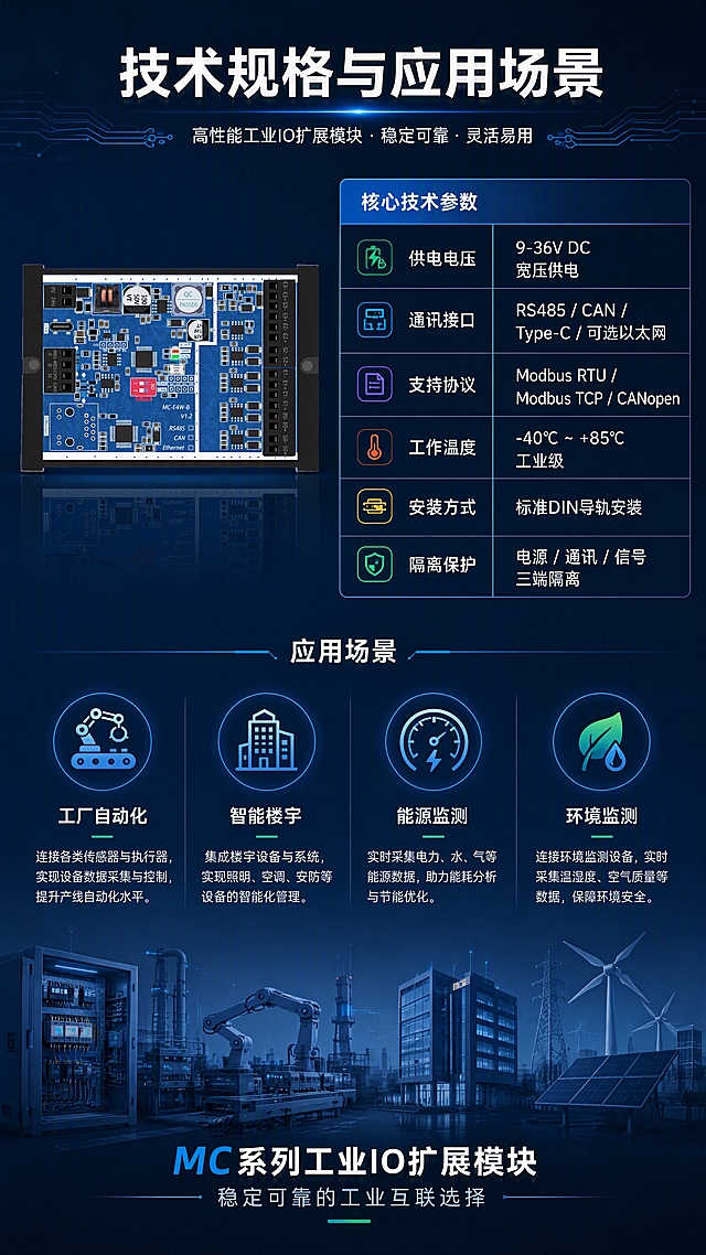 [第8张] 产品参数与规格页 - 全系列技术参数与应用场景收尾页。本张使用【图1】作为产品代表展示。
[氛围/风格] 参数规格页，深蓝科技背景，清晰的参数表格，专业严谨的工业产品手册风格。
[元素布局] 上半部分左侧为产品图（占30%），右侧为核心参数表（占70%）；下半部分为4个应用场景图标+说明；背景为深蓝色渐变，底部有工业控制柜、工厂自动化、智能楼宇、能源监测的场景剪影；产品外观与输入图一致。
[光影质感] 均匀柔光照明，参数表区域明亮清晰，底部场景剪影半透明暗化处理，整体层次分明。
[配色色系] 全局底色 #0A1628 深蓝黑；主色 #1E88E5 蓝色；辅助色 #FFFFFF 白色、#90A4AE 浅灰；点缀色 #00E676 绿色（运行状态色）。
[视角构图] 上下构图，上半部分产品+参数表占60%，下半部分应用场景占40%，阅读动线从上到下。
[文字版式] 顶部主标题「技术规格与应用场景」，白色粗黑体；核心参数表包含：「供电电压」9-36V DC宽压供电、「通讯接口」RS485 / CAN / Type-C / 可选以太网、「支持协议」Modbus RTU / Modbus TCP / CANopen、「工作温度」-40℃ ~ +85℃ 工业级、「安装方式」标准DIN导轨安装、「隔离保护」电源/通讯/信号三端隔离；下半部分4个应用场景：「工厂自动化」「智能楼宇」「能源监测」「环境监测」，每个配图标和简短说明；底部有「MC系列工业IO扩展模块 · 稳定可靠的工业互联选择」收尾语，文字清晰。
[比例分辨率] 9:16 竖版比例，4K分辨率，文字清晰可辨。
[负向提示词] 产品变形，参数错误，水印，文字错乱，文字过小，表格模糊。