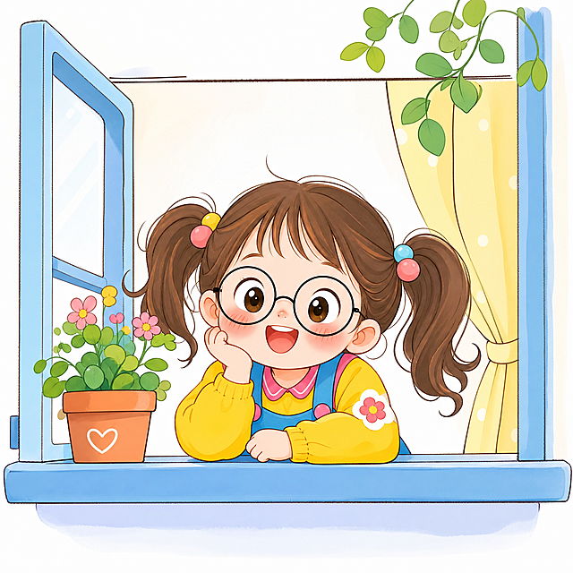 简笔画风格，可爱活泼的小女孩，扎着双马尾辫，褐色头发，戴着一副眼镜，皮肤白里透红，穿着色彩明亮的衣服，小女孩正趴在窗台上，线条简洁流畅，背景干净