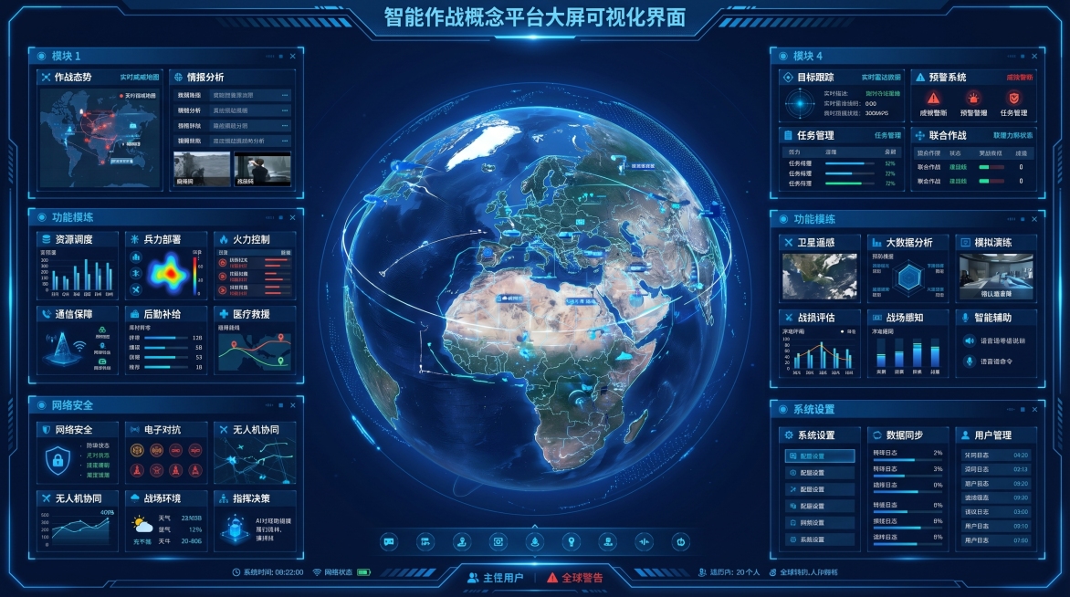 基于GIS地图的智能作战概念平台大屏可视化界面，包含6个功能模块：模块1包含2个功能，模块2包含6个功能，模块3包含5个功能，模块4包含4个功能，模块5包含6个功能，模块6包含3个功能，整体风格为科技预览效果