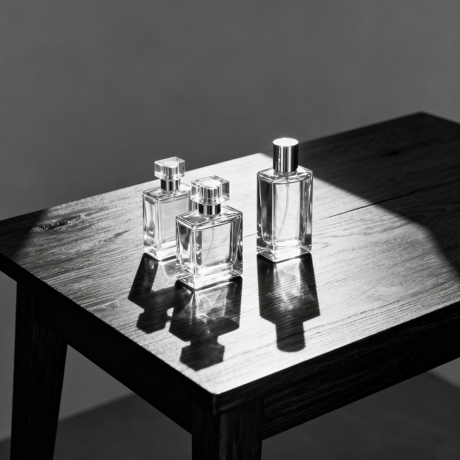 电商主图，2-3个透明玻璃香水瓶组合摆放在深色原木质感的木桌上，画面干净简洁，突出香水瓶晶莹剔透的质感，光影对比强烈，整体是极简高级干净的简约北欧风，画面没有任何文字，正方形构图。预览效果