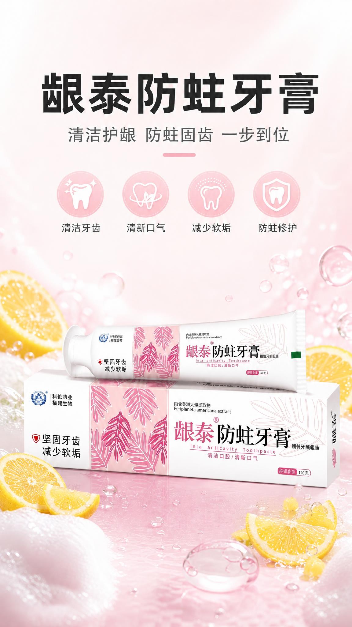 将图中所有的薄荷叶替换为新鲜柠檬片和柠檬果肉元素，保持牙膏产品… - 图片创意预览