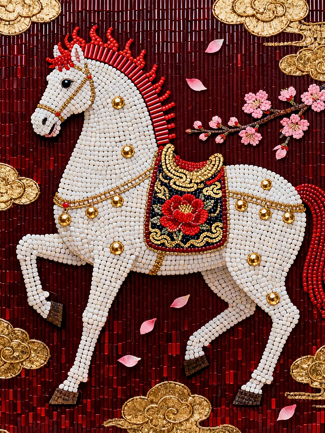 主体是一匹巨大的、姿态昂扬的唐马。马身通体白，点缀鎏金，鬃毛如火焰般鲜红，马鞍装饰着精致的红色牡丹与金色祥云纹样。马身旁延伸出几枝粉色梅花，花瓣飘落。背景为深红色，点缀大面积金色祥云，整体庄严、华丽、充满马年新年氛围。