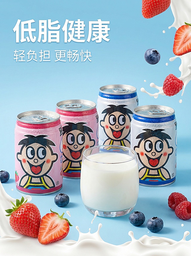 [卖点主图2] 旺旺O泡果奶饮料，突出"低脂健康"核心卖点。产品外观保持原图旺仔形象和粉蓝包装不变，整体氛围干净清新，背景为浅蓝渐变，主体产品居中摆放，周围搭配新鲜水果原料点缀。主标题"低脂健康"字体白色粗体，副标题"轻负担 更畅快"小字号。文字悬浮左上角留白，不遮挡产品主体，光影为自然柔和自然光，突出健康清爽的产品属性。
