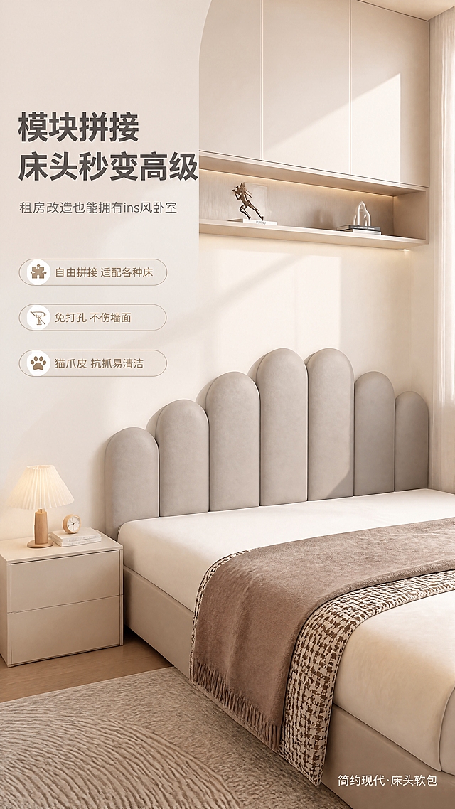 [商品] 使用【图1】浅灰色拱形模块拼接床头软包；保留拱形单元造型、模块拼接结构、猫爪皮面料纹理、浅灰色调、软包饱满度；修复画面杂物，使面料平整、缝线整齐、质感细腻，不改变产品结构和颜色。
[画面] 目标：第1张·风格空间头图，展示产品全貌与卧室温馨氛围。构图：左文右景，左侧约1/3竖列文案区，右侧约2/3为整屋卧室大场景；产品居中偏右，占画面60%，前景床品、中景床头软包+床头柜、后景墙面吊柜与柔和灯带，三层景深。场景：现代简约卧室，午后暖自然光从侧窗洒入，床品为米白+浅棕千鸟格纹搭毯，床头柜摆放简约摆件，整体干净高级。
[视觉] 套系策略：风格=简约现代家居商业摄影；标题字=现代无衬线粗体（思源黑体Heavy）；正文字=简洁无衬线体（思源黑体Regular）；主色=奶茶灰（浅灰棕调）；背景延展=基于奶茶灰做深浅层级、同色渐变和细腻墙面/织物质感；强调色=奶咖棕，仅用于小面积图标、引线、胶囊标签和局部光效；标题色=深炭灰；正文色=中暖灰；组件=圆角浅底信息卡、细线引线、胶囊卖点框；光影=左前侧暖柔光，柔和漫射，阴影自然。
[文字] 左侧文案区竖排（文字均横向排版）：主标题「模块拼接 床头秒变高级」（8字），副标题「租房改造也能拥有ins风卧室」（14字），下方3条亮点胶囊：「自由拼接 适配各种床」「免打孔 不伤墙面」「猫爪皮 抗抓易清洁」；右下角小字系列角标「简约现代·床头软包」。文字不遮挡软包主体。
[规格] 图片比例9:16竖版，分辨率4K，quality=medium；负向提示：避免变形、错字、文字过小、冷蓝/冷灰背景、产品颜色改变、结构失真、水印、二维码、极限词。