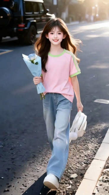 用图1短袖替换掉图2的模特身上穿的衣服，保留原场景光影，保持图2的人物的五官和发饰不变，下身穿着不变，姿势不变，背景不变，图片宽高尺寸不变，保持图1的短袖的款式材质不变和颜色不变，高清预览效果