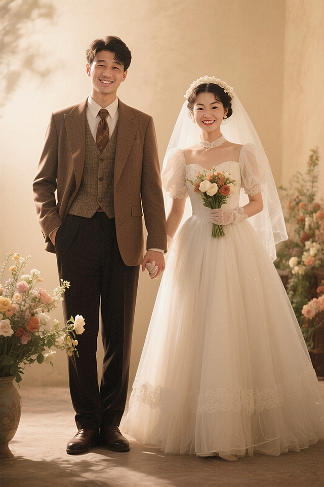 婚纱照拍摄，80年代复古妆容，一对年轻的新娘新郎牵手对着镜头微笑，男生左边，女生右边，照片呈暖色调，人物周围光线柔和，全身拍摄，背景有花束装饰，超写实，高清拍摄