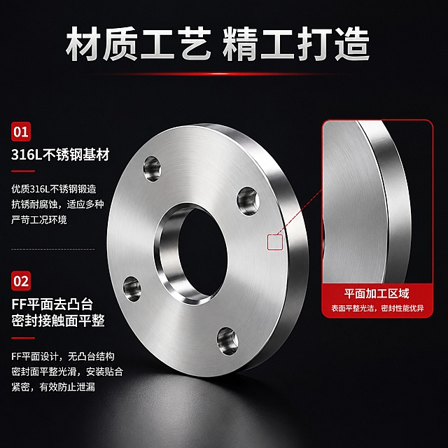 [第4屏] 结构材质解析页，解析316L不锈钢去凸台FF平面法兰片材质工艺。本屏使用【图1】作为产品主体。
[氛围/风格] 专业解析风，深色背景突出材质细节，精准可信。
[元素布局] 产品放置画面中心，右侧红框局部放大平面加工面，左侧文字分点解析材质结构，标注关键工艺位置。
[光影质感] 侧光突出金属拉丝纹理，红框放大区域清晰展示平面加工精度，明暗对比清晰。
[配色色系] 全局底色 #1a1a1f；主色银灰产品；辅助色红色标注框，白色文字。
[视角构图] 中心产品+侧部分解构图，视觉引导到材质细节。
[文字版式] 顶部主标题「材质工艺 精工打造」，左侧分两点：「316L不锈钢基材 抗锈耐腐蚀」「FF平面去凸台 密封接触面平整」，红框标注平面加工区域，文字清晰不遮挡关键细节。
[比例分辨率] 1:1 方图比例，4K分辨率，文字清晰可辨，高清画质。
[负向提示词] 结构变形，标注错位，文字模糊，颜色偏差，水印。