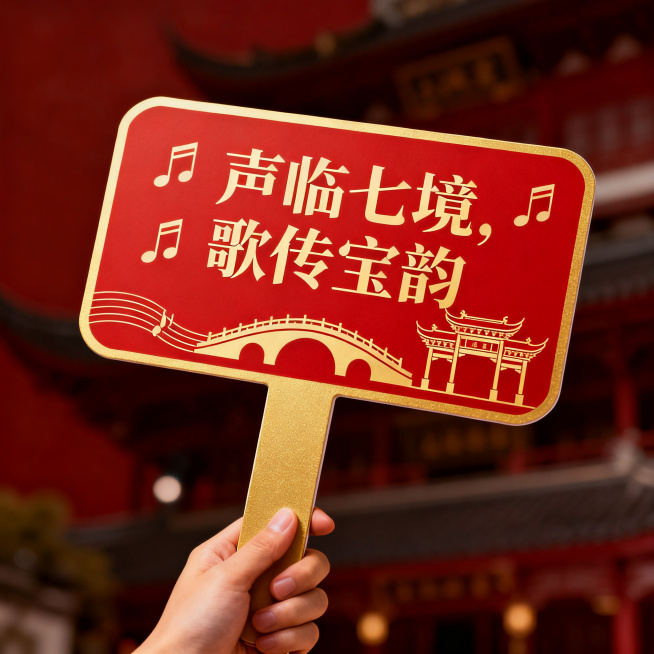 设计歌唱比赛手举手持牌，国风简约风格，主体文字"声临七境，歌传宝韵"，搭配简约歌唱音符上海七宝古镇元素，色彩大气庄重醒目，适合手持拍照预览效果