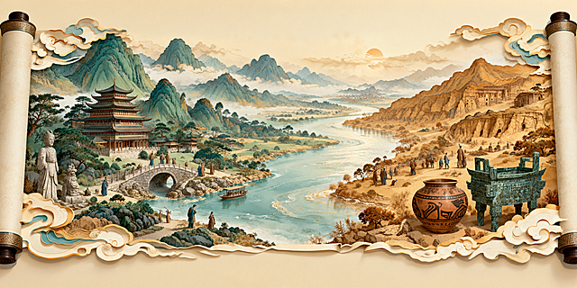 横向长幅中式古画卷轴，立体剪纸层叠国风，青绿山水与黄土山河，画卷左右是卷轴纸筒，边缘祥云剪纸轮廓。画面左侧青绿色群山，一座多层古典楼阁，古石桥，江边有古人游人、石雕像；中间蜿蜒大河流水，水面波光，远处层叠山峦云雾；右侧黄褐色黄土山地，岸边摆放史前彩陶陶罐、青铜方鼎，地面有古人行走。工笔重彩，宋代山水画风，淡米黄宣纸底色，柔和暖天光，细腻线条，低饱和度雅致配色，干净背景，3D纸雕立体层次感，全景宽幅，高清，细节丰富。