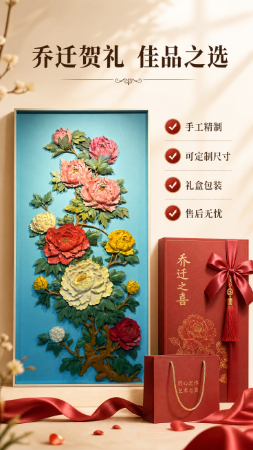 [第8屏] 礼赠场景与服务保障屏，彩绘牡丹木雕适合节日乔迁送礼。保留木雕产品完整结构和色彩与原图一致。[氛围/风格] 喜庆雅致礼赠氛围，温暖高级感。[元素布局] 木雕主体放置在画面左侧，搭配右侧的红色预览效果