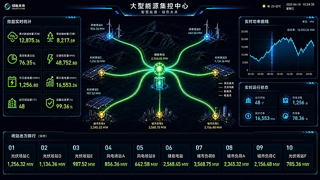 基于参考图优化能源集控中心大屏。1.左右两侧面板高度对齐，左侧效益统计面板与右侧功率曲线+运行状态面板总高度一致，上下边缘齐平；2.左侧面板所有8个指标卡片的图标统一为霓虹绿#39FF14线性图标风格，颜色统一为霓虹绿色，图标大小一致，文字排版对齐统一；3.中部主视觉三维地形图上的发光粒子线条数量减少，光带更简洁清晰，去掉冗余细碎的光线，保留主要的能量流向主干光带，画面更干净；4.底部场站出力排行、顶部标题栏等其余元素保持不变；5.整体保持星空蓝黑底色和霓虹科技发光风格。
