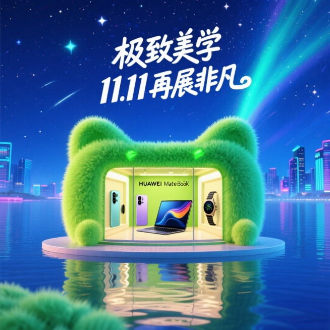 华为品牌电商促销海报，构建一个天猫轮廓建筑造型外观和内部空间，融入品牌产品，产品设计陈列在建筑内部，清晰展示品牌手机、平板、智能手表，中间展示着HUAWEI Matebook Fold折叠电脑，整个建预览效果